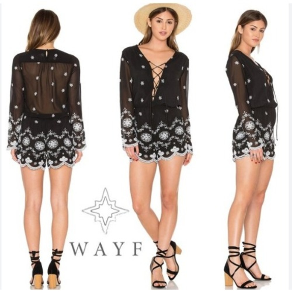 WAYF Black White Embroidered Long Sleeve Romper XS Lace Up V Neck
